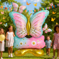 Balão Metalizado Borboleta Com Base 150cm 3d Festa Decoração