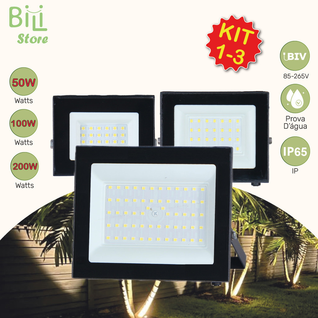 Kit Holofote Refletor Led ECO Pro 200W 100W 50W Luz Fria 6500K IP65 Bivolt Iluminação Externa