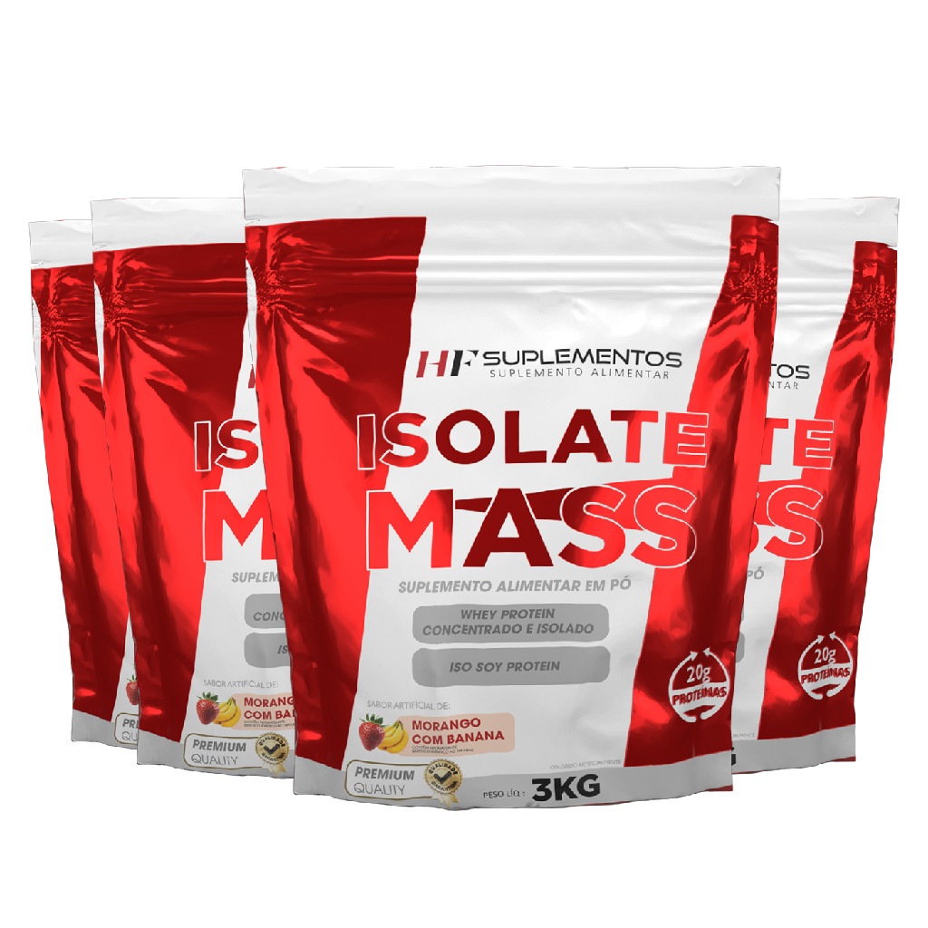 Kit 4 unidades Hipercalórico Isolate Mass Morango Banana 3KG Em Pó HF Suplementos – Energia e Massa Muscular Magra!