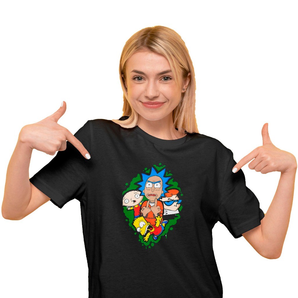 Camiseta Unissex Estampa Personagens De Desenho Rick E Martin Stewie Family Guy Bart Simpsons Dexter Portal 100% Algodão