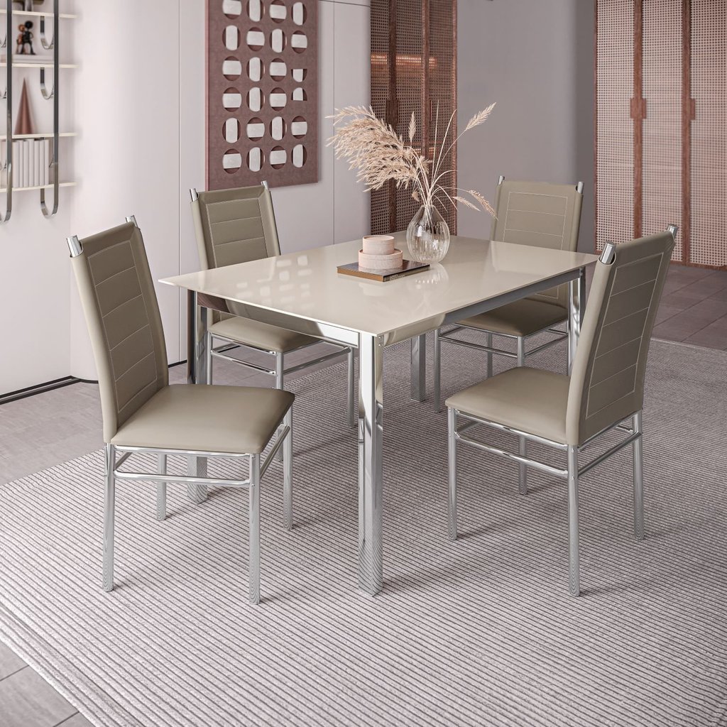 Conjunto Sala de Jantar Mesa Dubai Tampo Vidro com 4 Cadeiras Tokio Cromado/Off White em Oferta na Shopee