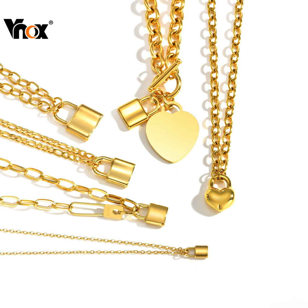 Vnox Feminino Ouro Em Forma De Coração Cadeado Pingente Colar Coleção Banhado A Não Desbotamento & Hipoalergênico Jóias