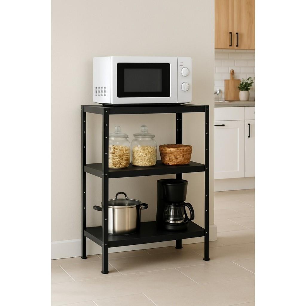 Estante De Aço Cozinha Escritório Quarto Multiuso 60cm 3 Bandejas Resistente Cor Preto