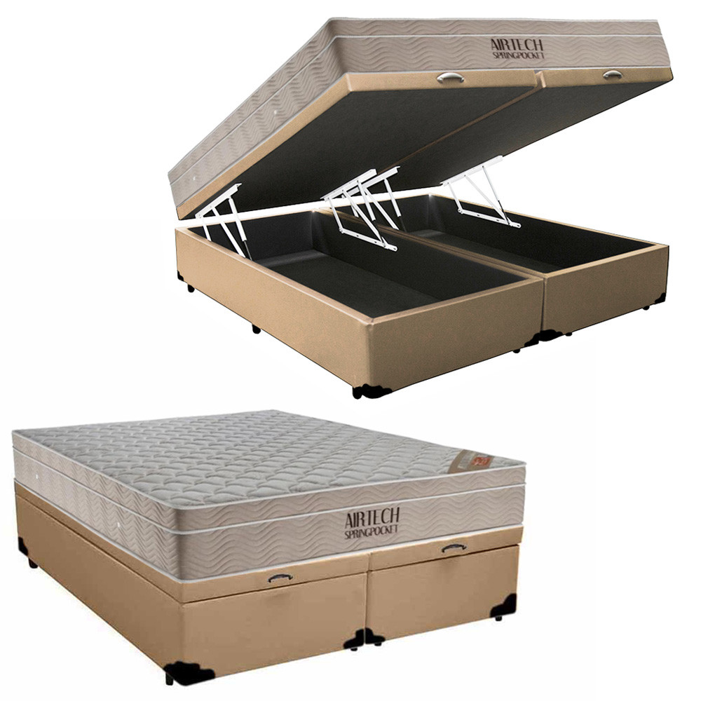Cama Box Baú Queen Sintético Bipartido + Colchão Ortobom Airtech Molas Ensacadas 65x158x198 em Oferta na Shopee