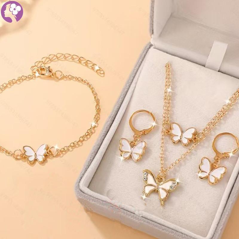 Detalhes do Conjunto De Brincos E Pulseira Com Pingente De Borboleta Pérola Para Meninas