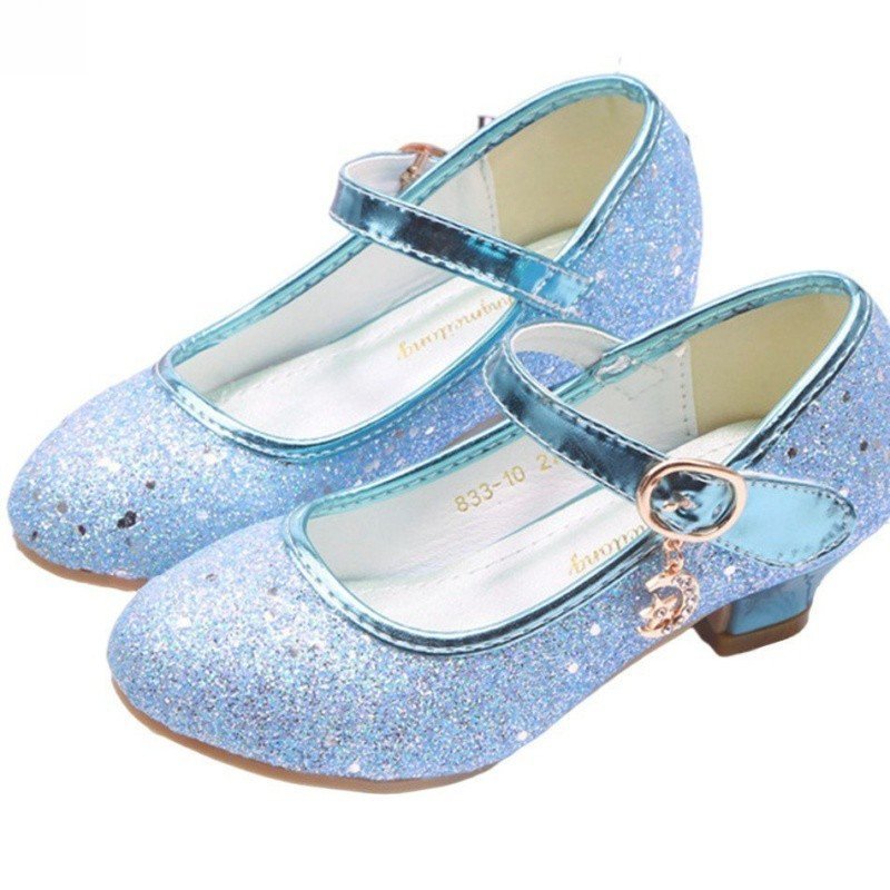 Crianças Vestem Sapatos Elsa Girl Branco Azul Glitter Low Heel Lady Lady Bomb Cinderela Princesa Festa de Casamento 2347