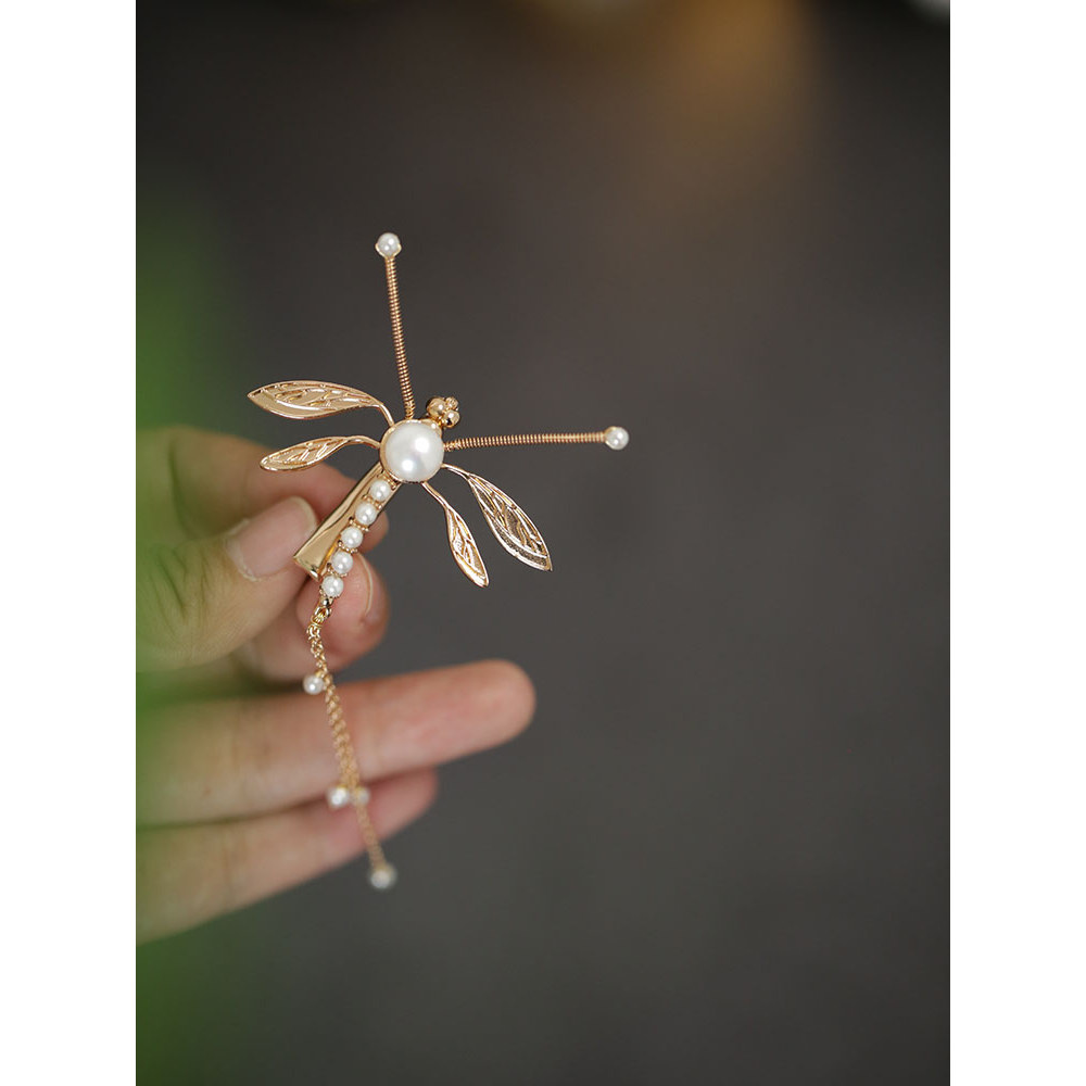 Pérola libélula hairpin borla Hanfu cocar novo estilo chinês clipe lateral feminino lado antigo orelha hairpin oito cara