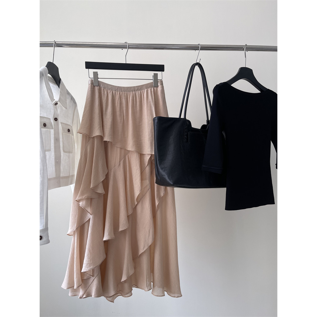 JAYT Summer Island Férias Irregular Drape Saia Longa Corte Diagonal Nobre Elegante Inteligente Elegante Saia de Bolo