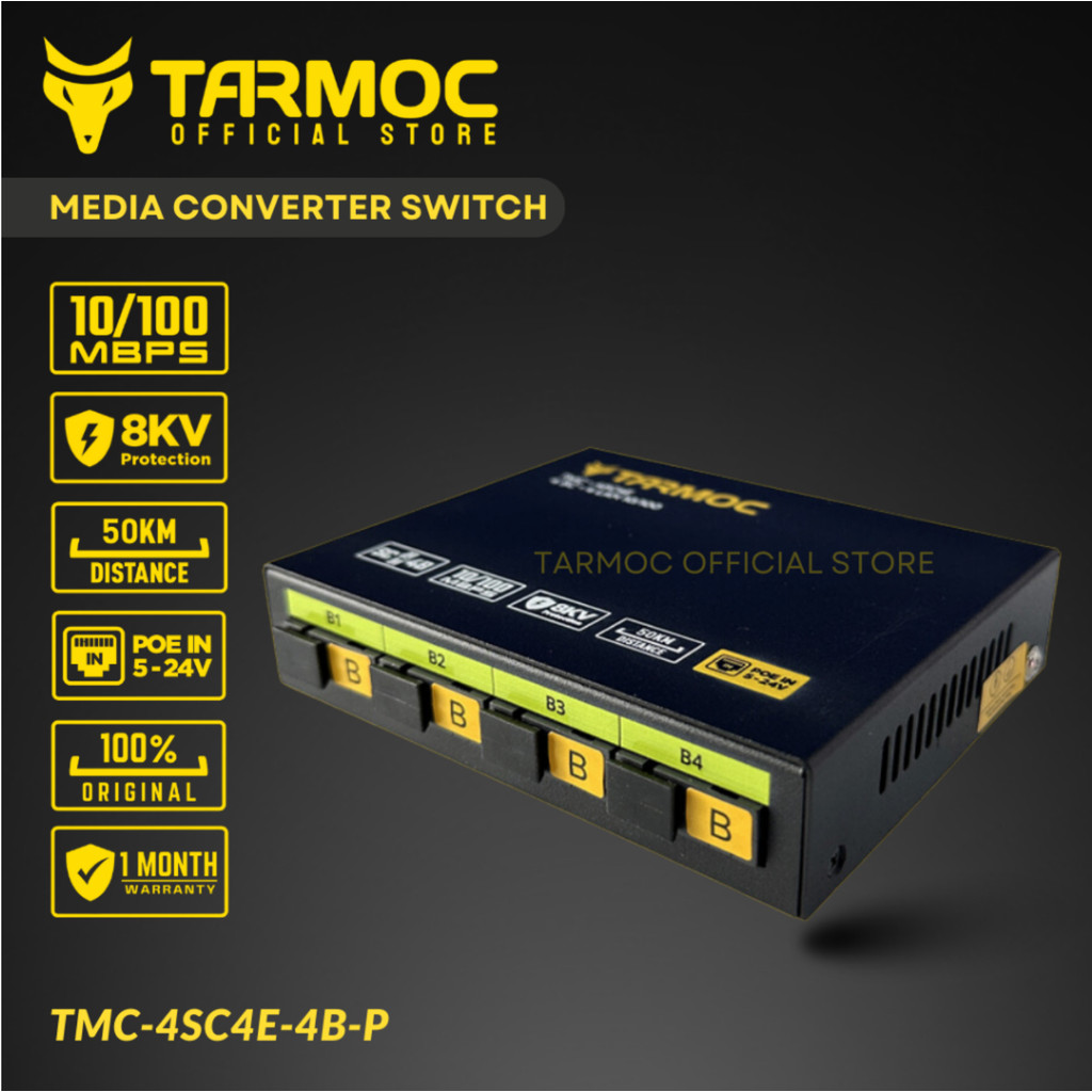 Tarmoc TMC-4SC4E-4B-P Conversor de Mídia Fibra Óptica Switch 4 SC 4 LAN / 4 FO 4 LAN 10/100 POE IN 5-24 Volts