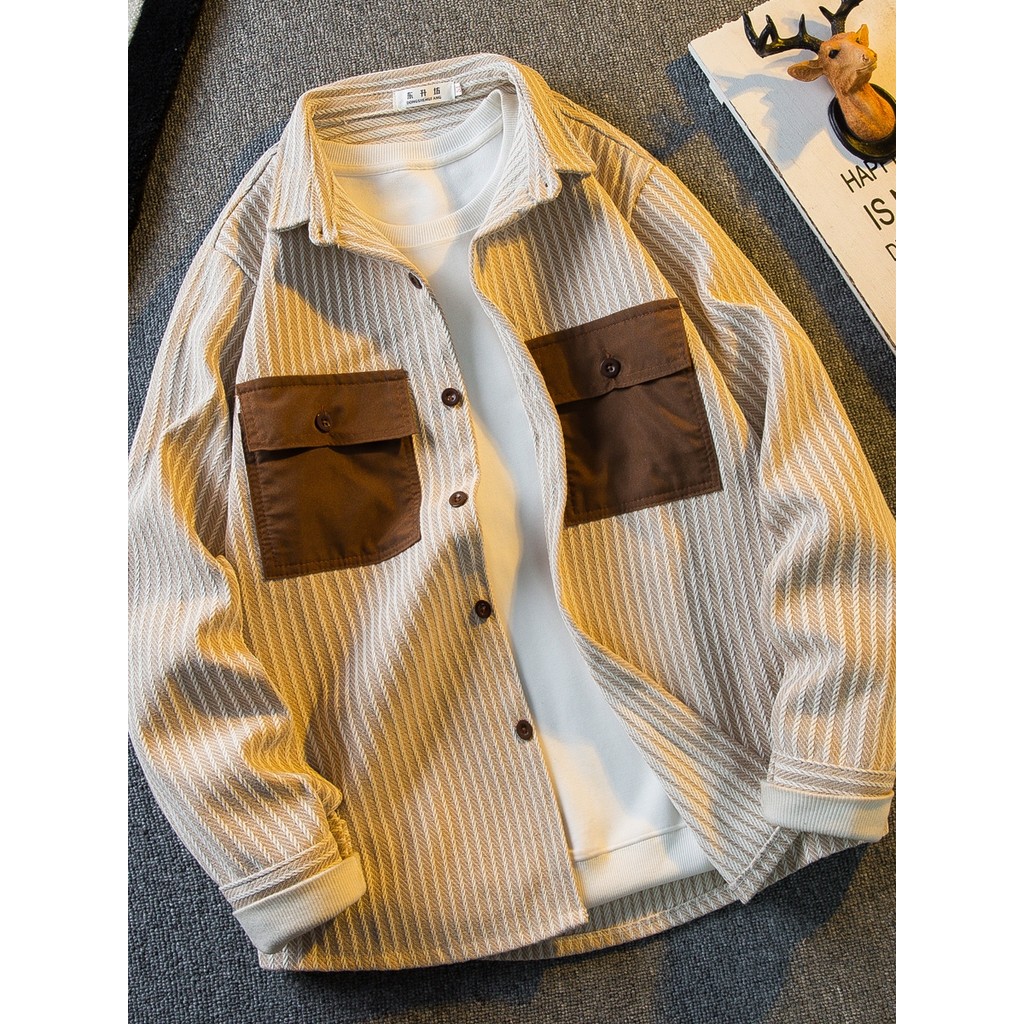 Horizontal na moda masculina Retro camisa listrada de manga comprida jaqueta masculina primavera outono na moda High-End