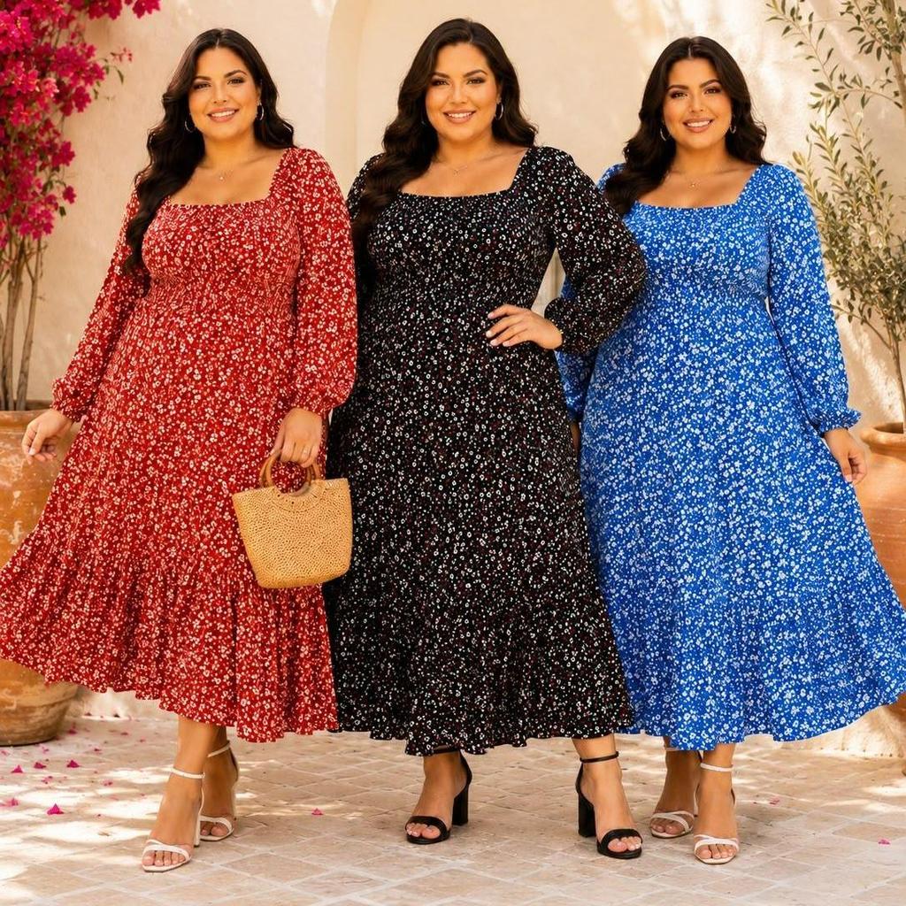 Vestido Midi Plus Size Manga Longa Floral Feminino Tecido Viscolinho Premium Confortável Forrado na Parte da Saia