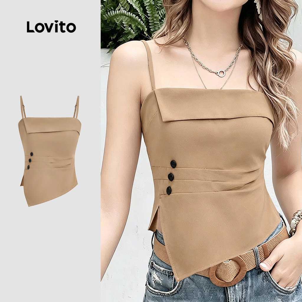 Lovito Topo Casual Assimétrico com Botão para Lazer Primavera/verão Khaki para M
