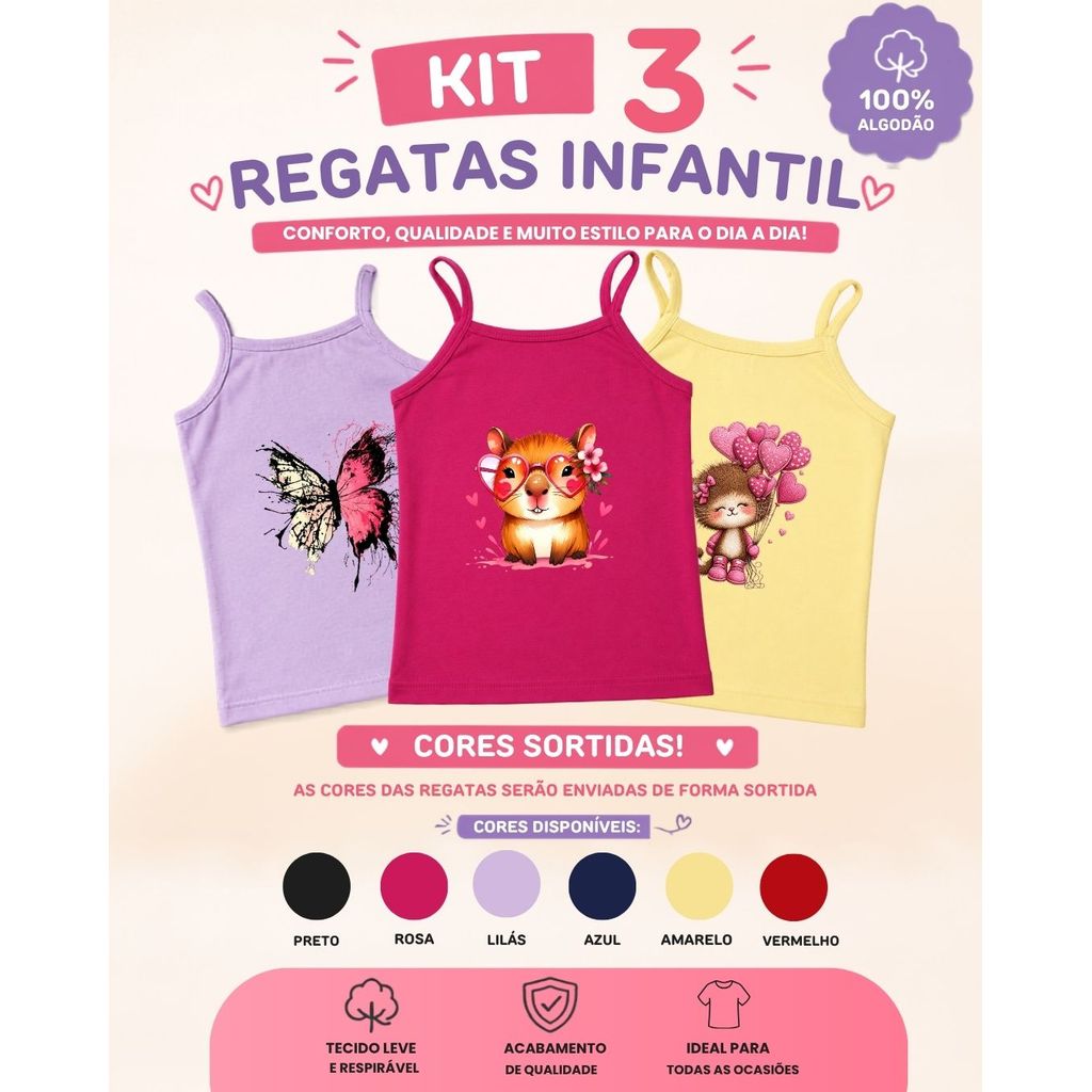 3 Peças Blusas de Alça Sortidas Menina Infantil Tamanho 2 ao 16 anos.