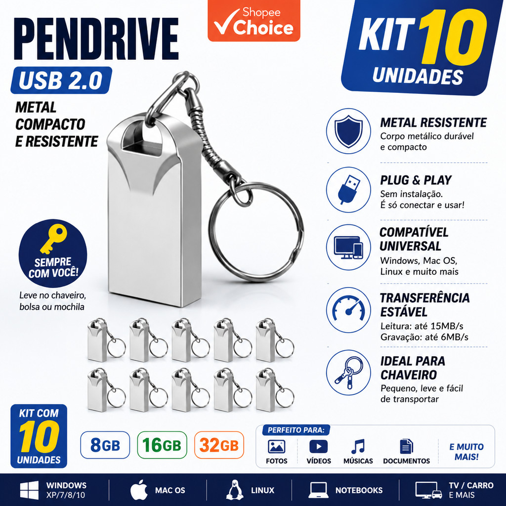 Kit 10 Mini Pendrive Chaveiro Metálico USB 2.0 Kapbom | Pen Drive 8/16/32GB | Memória Flash Portátil Escola Trabalho