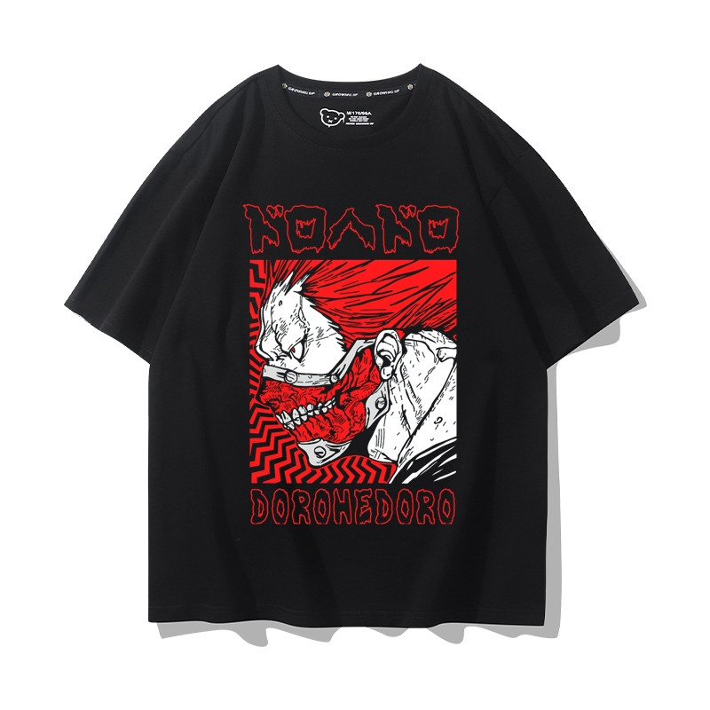 Camiseta Masculina Feminina Oversized Estampa Shin Dorohedoro Camiseta Streetwear Preta Estampa Vermelha Frontal