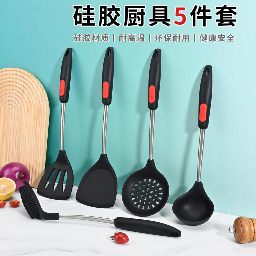 Utensílios de cozinha de Silicone em aço inoxidável, conjunto de 5 peças, espátula antiaderente para fritar, colher de s