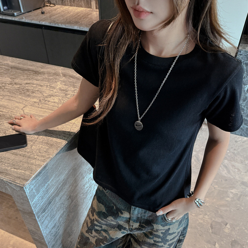 Floco de neve algodão cor sólida em torno do pescoço estilo básico frente ombro de manga curta camiseta feminina estilo 