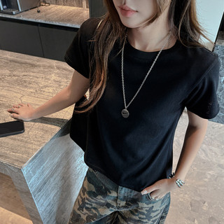 Floco de neve algodão cor sólida em torno do pescoço estilo básico frente ombro de manga curta camiseta feminina estilo 