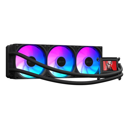 Water cooler Kalkan AURA LCD de 360mm na cor preta, com três ventoinhas ARGB iluminadas e bloco de bomba com display LCD exibindo uma imagem de personagem
