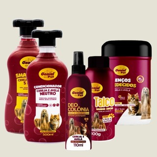 Kit Banho e Tosa Shampoo Condicionador Talco Perfumado, Lenço Perfume Cereja e Avelã Cachorro e Gato PROMOCAO