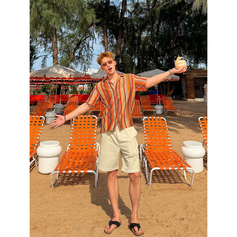 Camisa de manga curta estampada estilo férias boêmia masculina verão beira-mar foto usar gola cubana camisa de meia mang