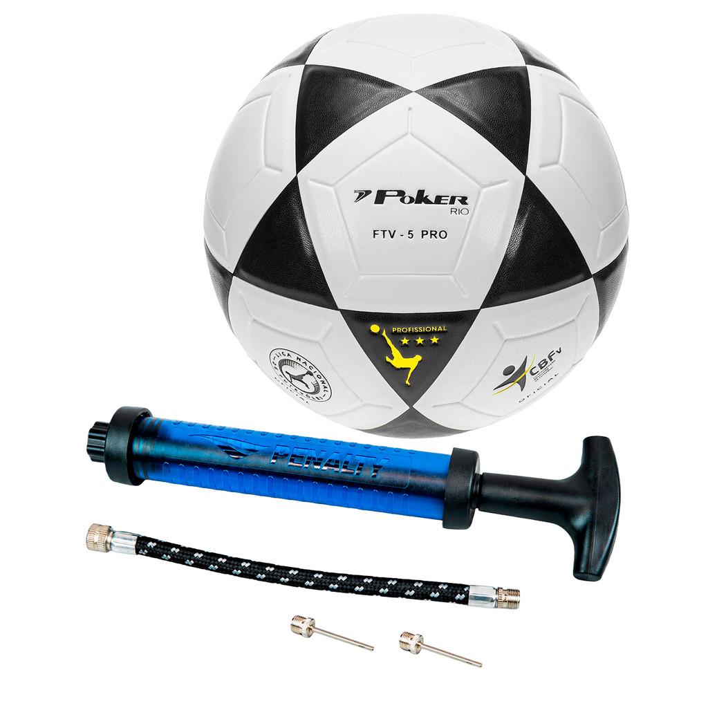 Bola Futevôlei Vulcanizada PU FTV-5 Rio Poker Alta Durabilidade + Bomba da Penalty Mangueira e Agulha