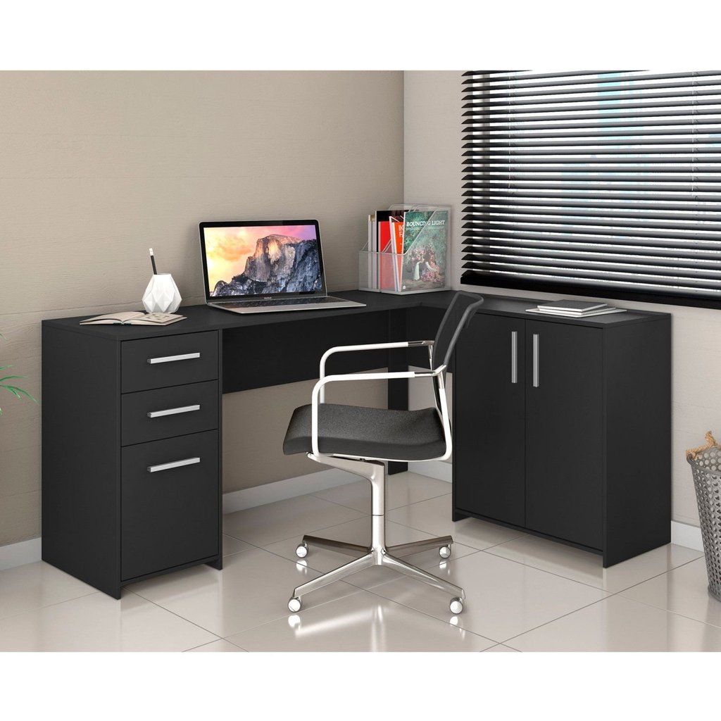 Escrivaninha Mesa Escritório em L Office Nt 2005 2 Gavetas 3 Portas 157cm Preto Tx Preto Tx