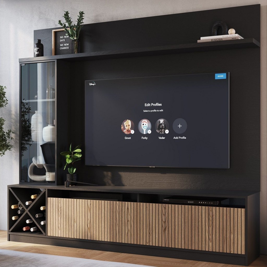 Rack com Painel Ripado para TV até 50 Polegadas 160CMX149,5cm Impressão Adega e Cristaleira Turim Preto Preto/Brise