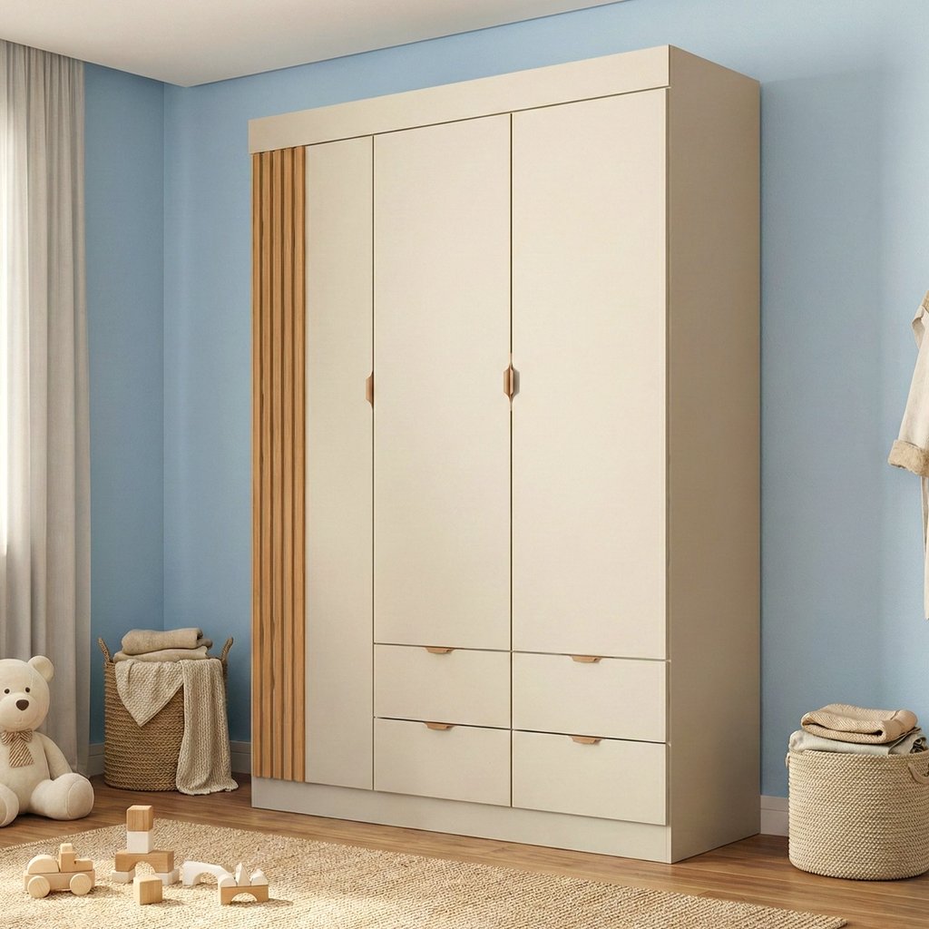 Guarda-Roupa Infantil 100% MDF 3 Portas e 4 Gavetas Ayla Off White Off White
