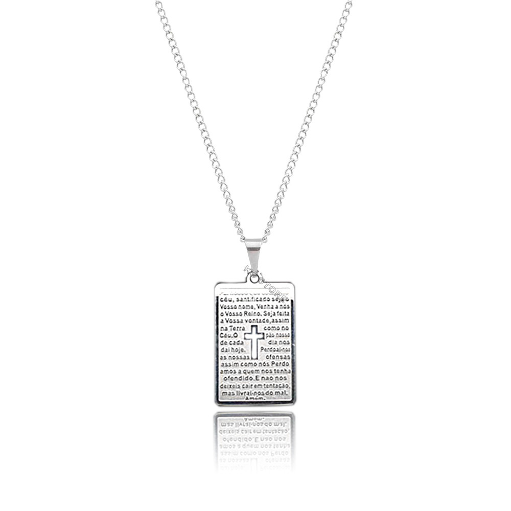Colar Pai Nosso Aço Prateado Medalha Cruz Crucifixo Oração masculino feminino aço antialérgico