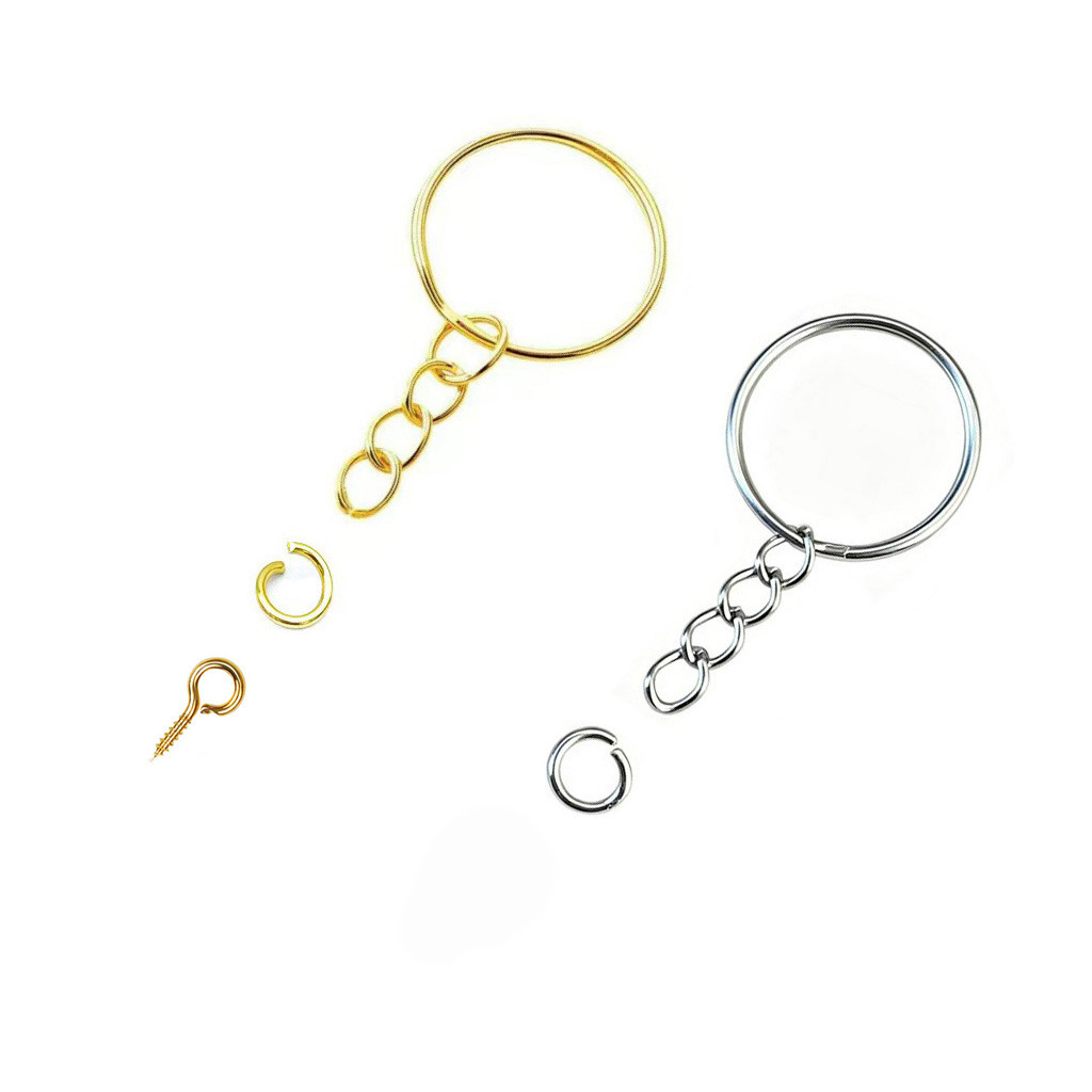 Kit Chaveiro 25mm - 30-200 Pçs - Dourado/Prata - c/ Argola + Pitão (opcional) - DIY