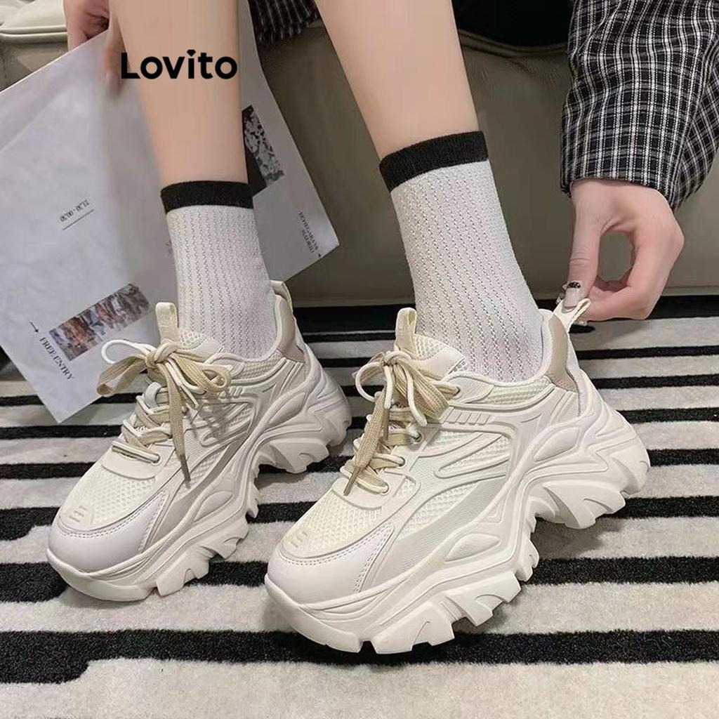 Lovito Tênis Casual Liso Com Blocos De Cores Estilo Coreano Sola Grossa Interna Para Aumentar a Altura Base Alargada Para Mulheres LFA60422 · foto 2