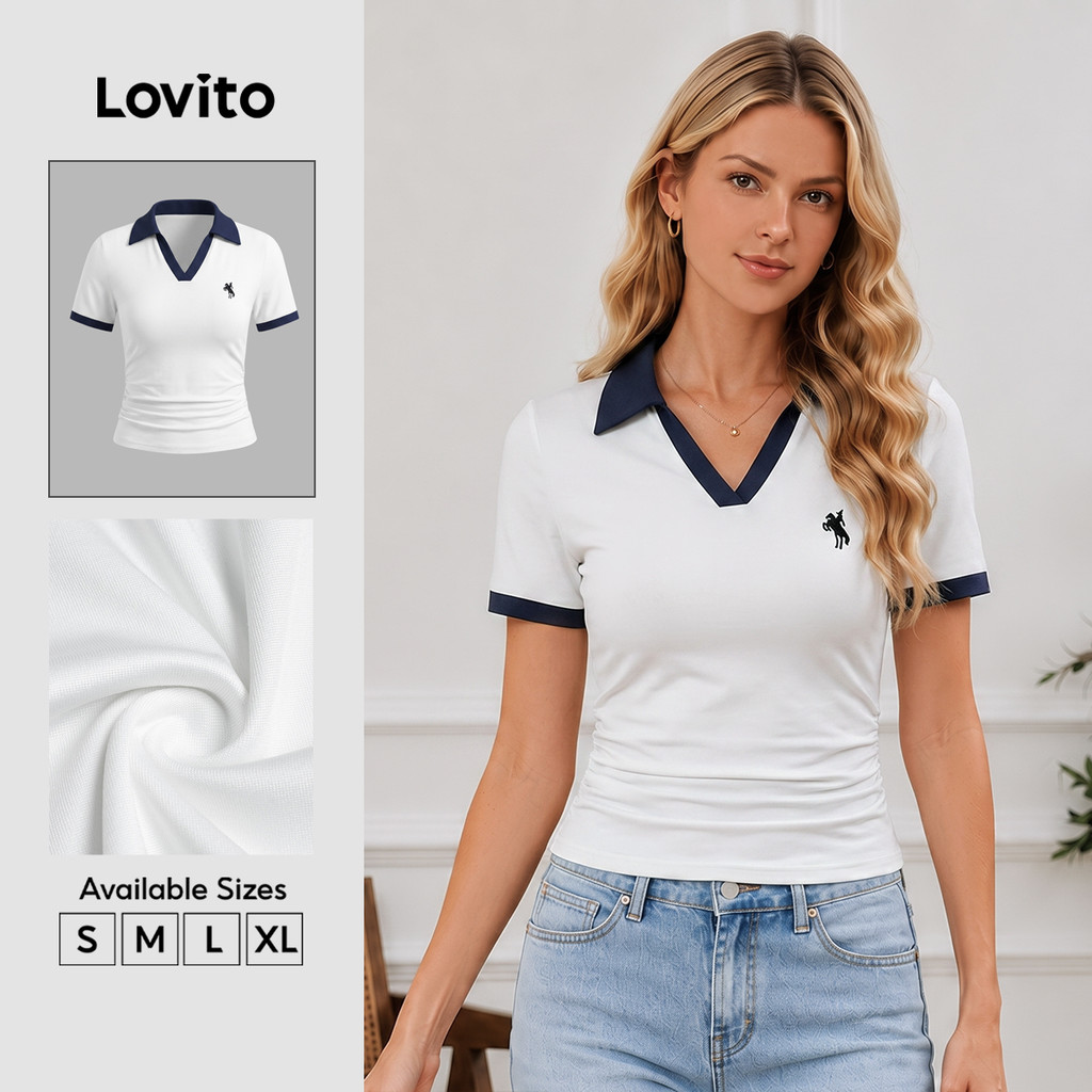 Lovito Casual Blusa Colorblock Primavera/verão Blusa Branca Slim Fit para Mulheres L157LD287