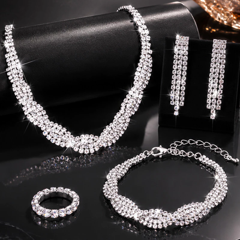 Conjunto de Joias Feminino Prata Strass 4 Peças Colar Brinco Pulseira Anel Luxo para Festa Casamento Noiva Madrinha — imagem 1