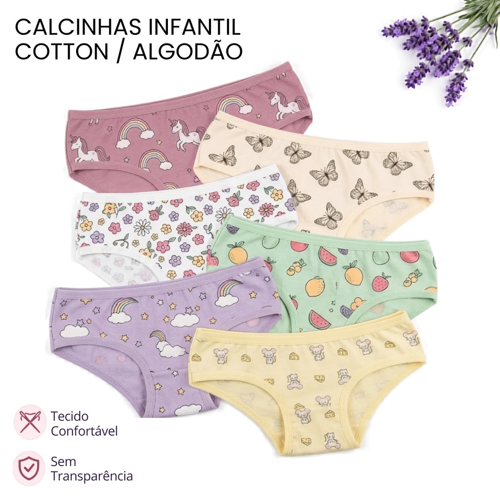Kit Calcinhas Infantis Algodão Estampadas Juju Macia Sortidas Menina Moça