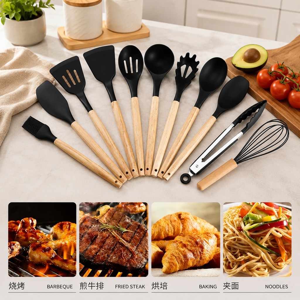 Kit Utensílios de Cozinha 12 Peças em Silicone Premium com Cabo de Madeira, Antiaderente, Resistente ao Calor e Suporte