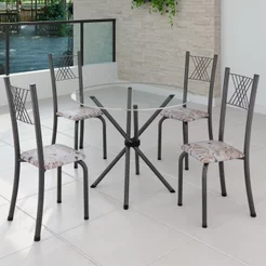 Conjunto de Jantar Mesa Tampo Redondo de Vidro Incolor com 4 Cadeiras Sara Yescasa Prata/Botanic Bege/Mart Martelado