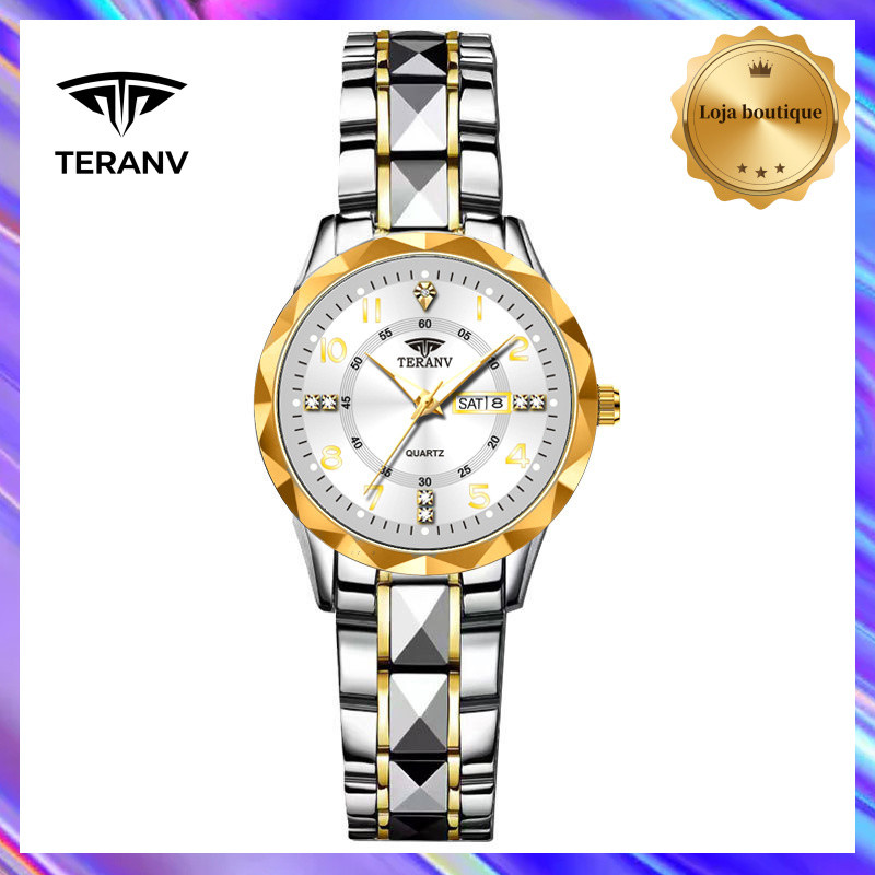 TERANV Top Luxo Mulheres Relógios Luminoso Data Semana Relógios Para Mulheres Aço Inoxidável Quartzo Senhoras Relógio