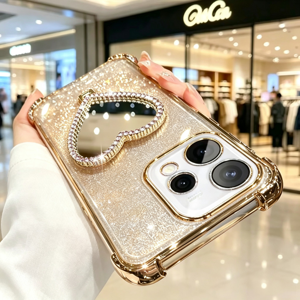 Glitter Coração Espelho Titular Suporte Caso De Telefone Para Motorola Moto G17