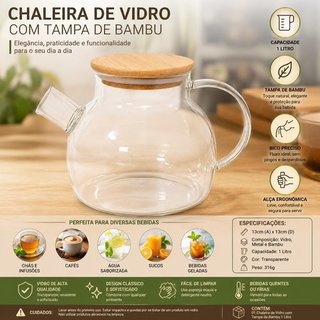 Chaleira Vidro Resistente Tampa Bambu Ecologica 1 Litro Design Elegante Preparo Bebidas
