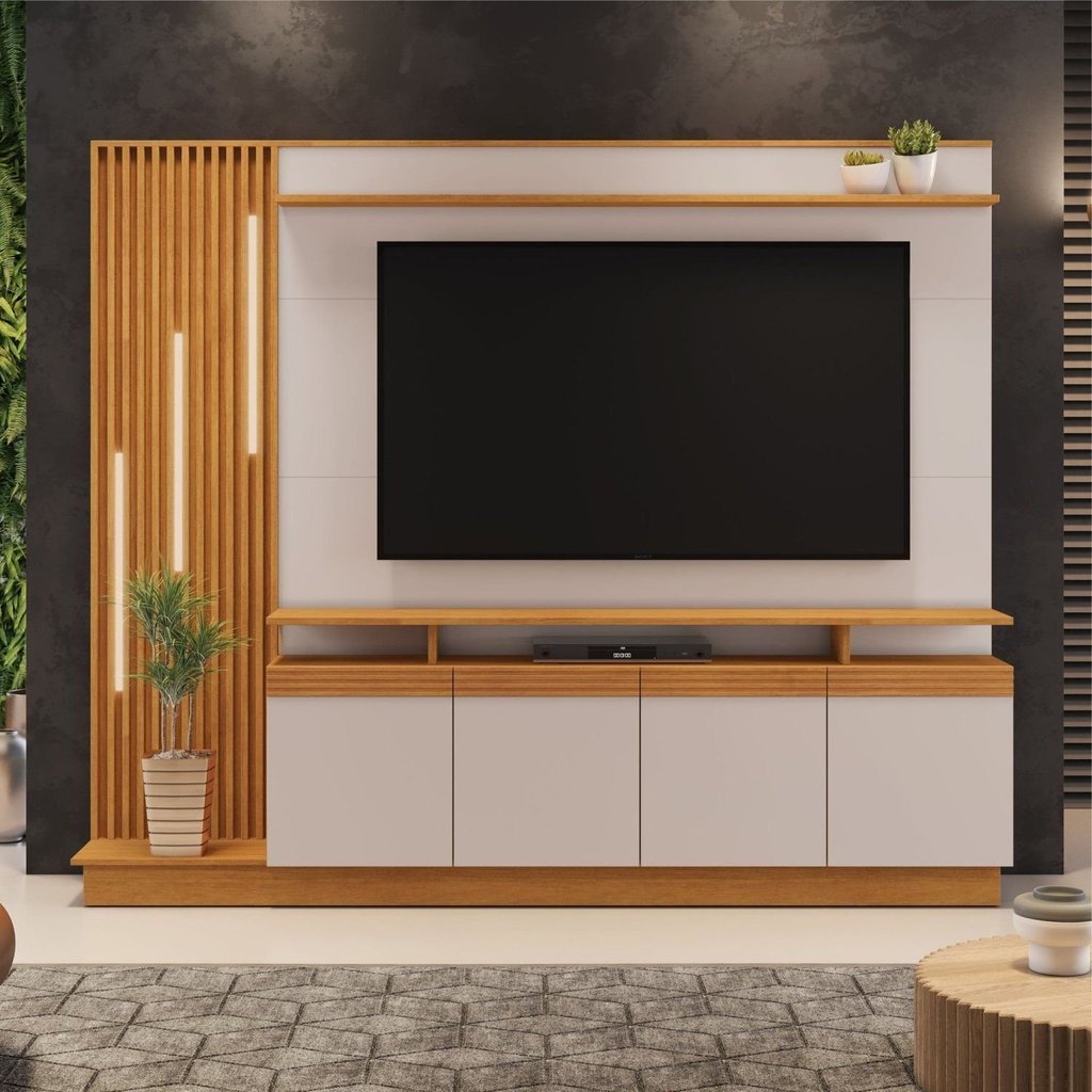Estante para TV e Home Theater Ripado para TV até 65 Polegadas com LED 200CMX189CM LED 4 Portas Cinamomo Off White