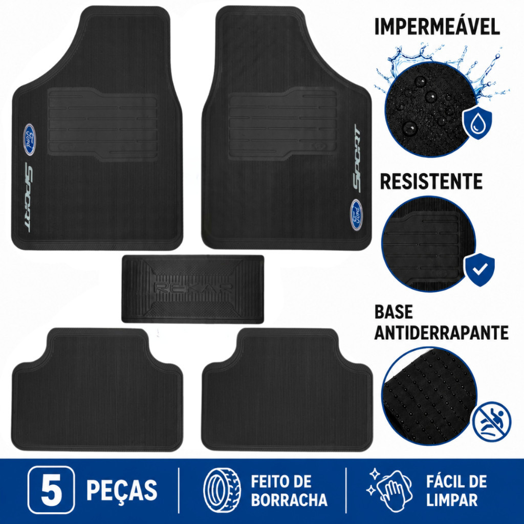 Jogo Tapete Carro Ford 5 Peças Antiderrapante Ka Fiesta Focus Ranger Fusion EcoSport Territory