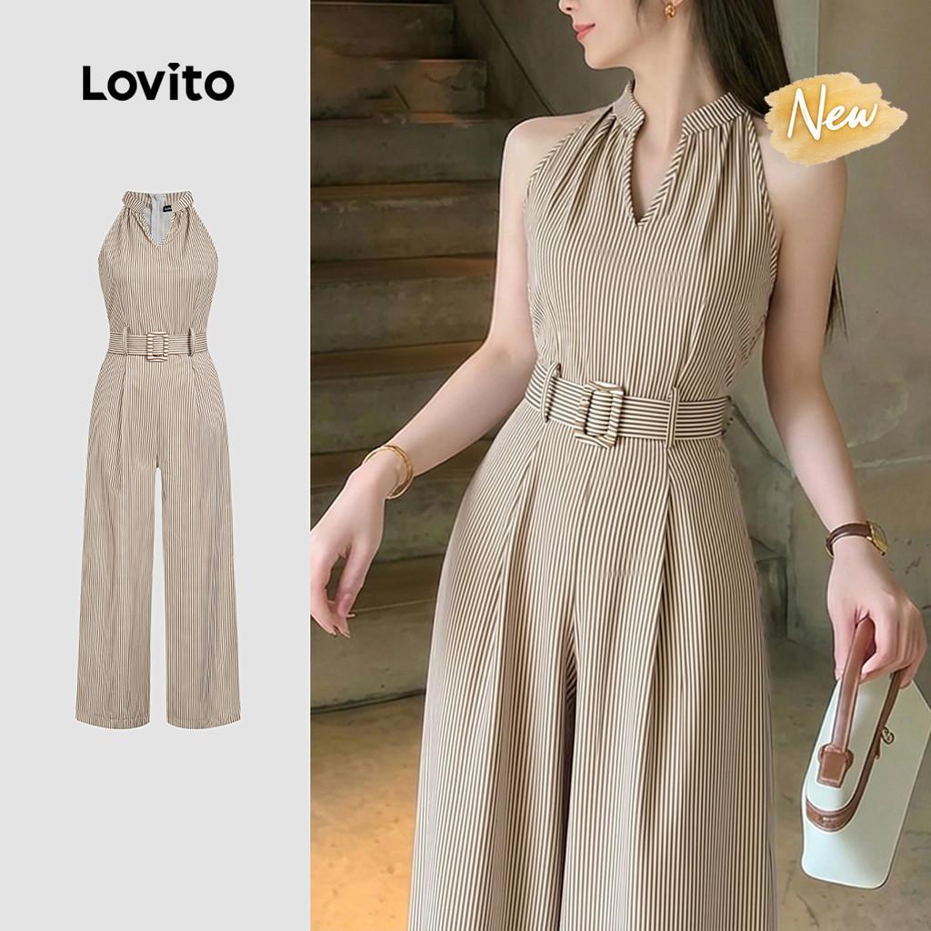 (New Arrival) Lovito Macacão Casual com Cinto Geométrico Primavera/verão Cáqui p