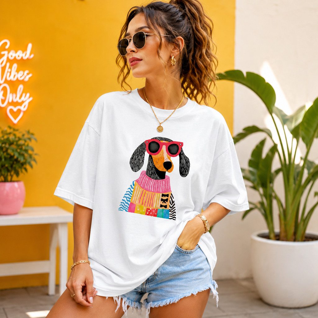 Camiseta Oversized Estampada Cachorro Divertido Manga Curta Verão Unissex Confortável Várias Cores