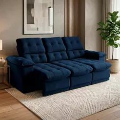 Sofá Retrátil Reclinável Atenas 2,30m Suede Velut Azul Marinho c/ Molas no Assento - King House