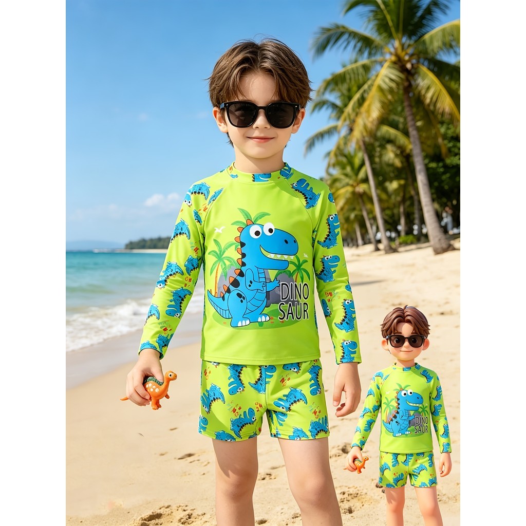 Conjunto De Maiô Casual De Manga Comprida Com Estampa De Dinossauro De Desenho Animado Para Meninos Primavera Verão Prai