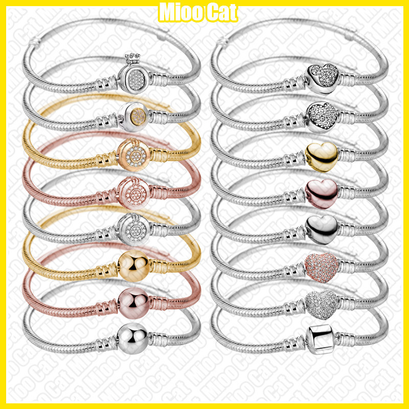 Pulseira DIY de osso de cobra, coração dourado, banhada a prata S925 + bolsa de veludo 3WIX