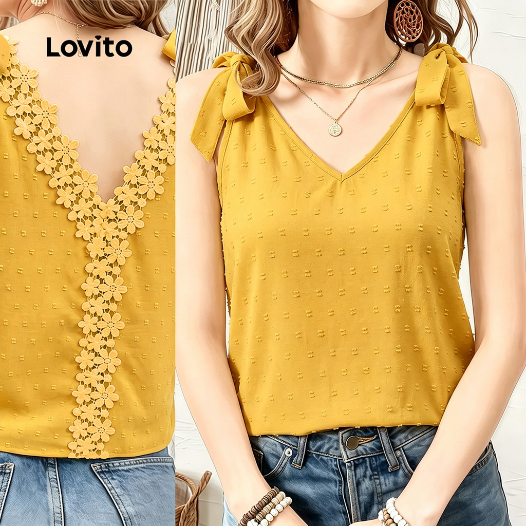 (New Arrival) Lovito Top Casual com Babados Exagerados e Laço – Amarelo Primaver