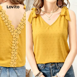 Lovito Top Casual com Babados Exagerados e Laço – Amarelo Primavera/verão para Mulheres LK7ED979