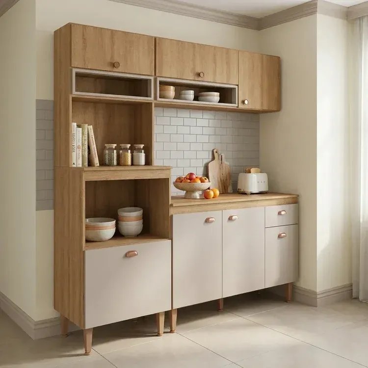 Cozinha Modulada 5 Peças com Torre Quente e Balcão com Tampo Marti Yescasa Mel/Cinza Sim